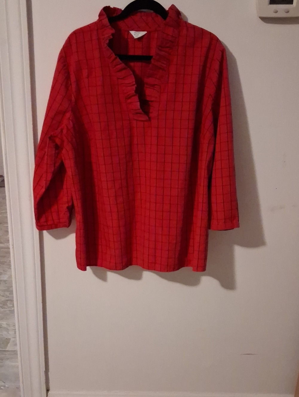 crown & ivy Red Checked Ruffle V-Neck Tunic Top